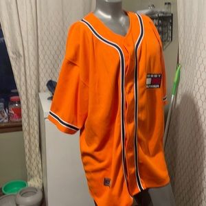 Men’s button up orange  shirt with black striped